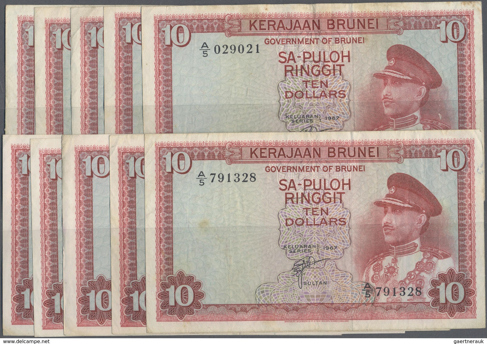 Brunei: Set With 10 Banknotes 10 Ringgit 1967, P.3 In F To VF Condition (10 Pcs.) - Brunei
