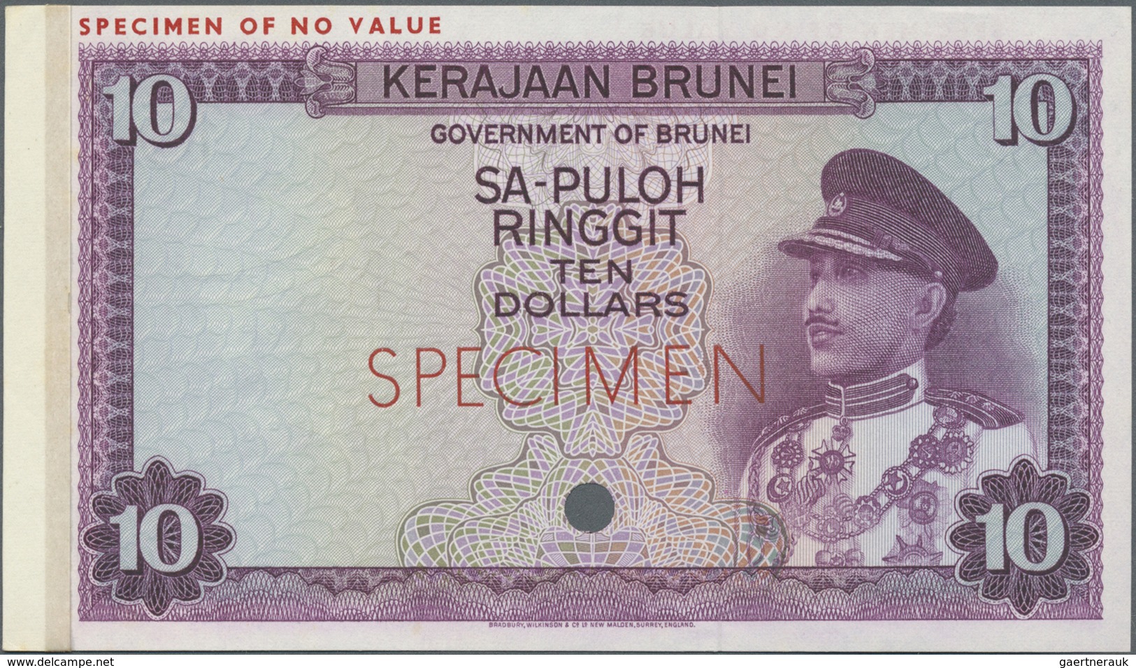 Brunei: 10 Ringgit ND Specimen Color Trial P. 3ct, One Cancellation Hole, Specimen Overprint, No Ser - Brunei