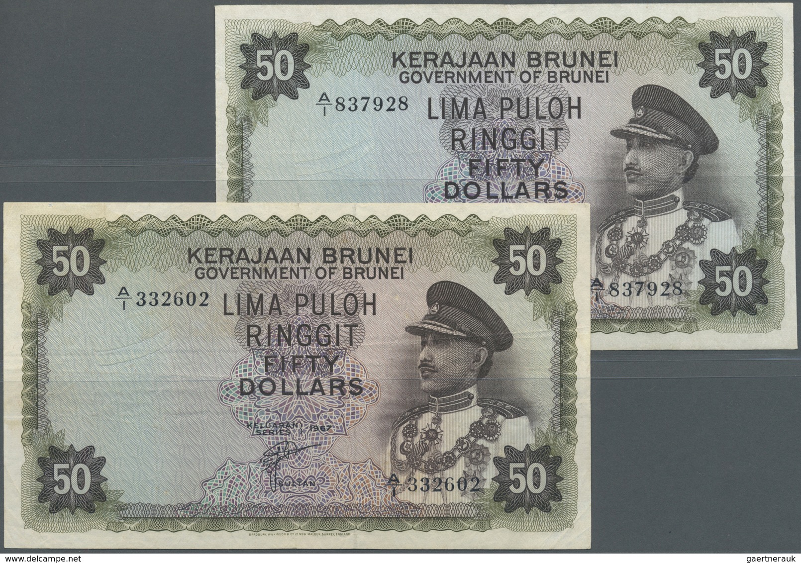 Brunei: Set Of 2 Pcs 50 Ringgit 1967 P. 4, Used With Folds And Creases In Paper, No Holes Or Tears, - Brunei