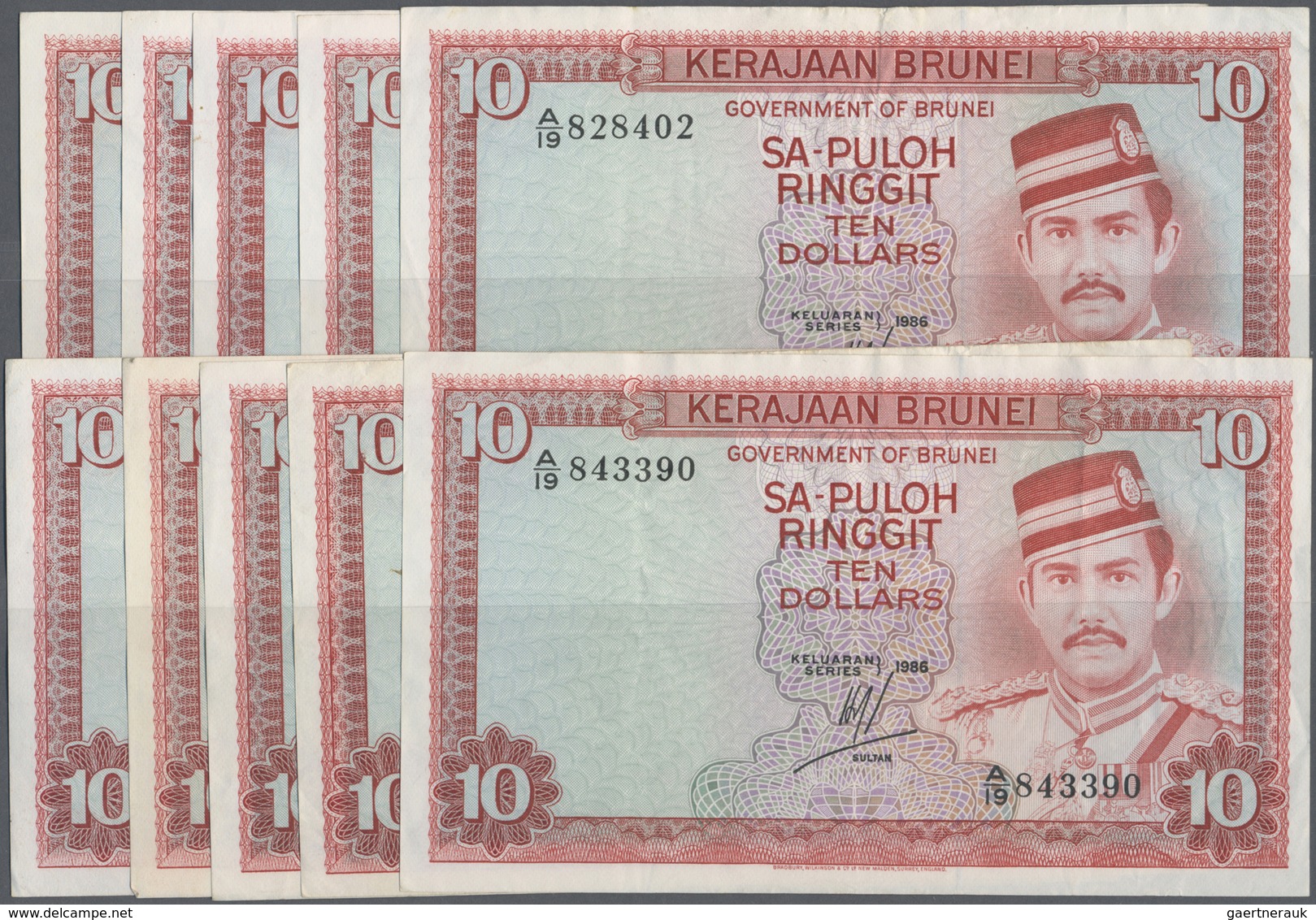 Brunei: Set With 10 Pcs. 10 Ringgit 1986, P.8 In About VF Condition (10 Pcs.) - Brunei