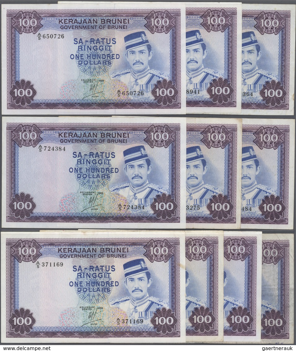 Brunei: Large Lot Of 10 Pcs Of 100 Ringgit 1983 P. 10, All Used, With Folds And Creases, None With B - Brunei