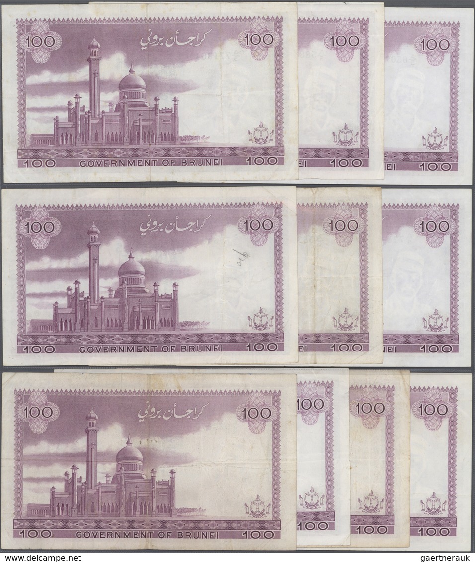 Brunei: Large Lot Of 10 Pcs Of 100 Ringgit 1983 P. 10, All Used, With Folds And Creases, None With B - Brunei