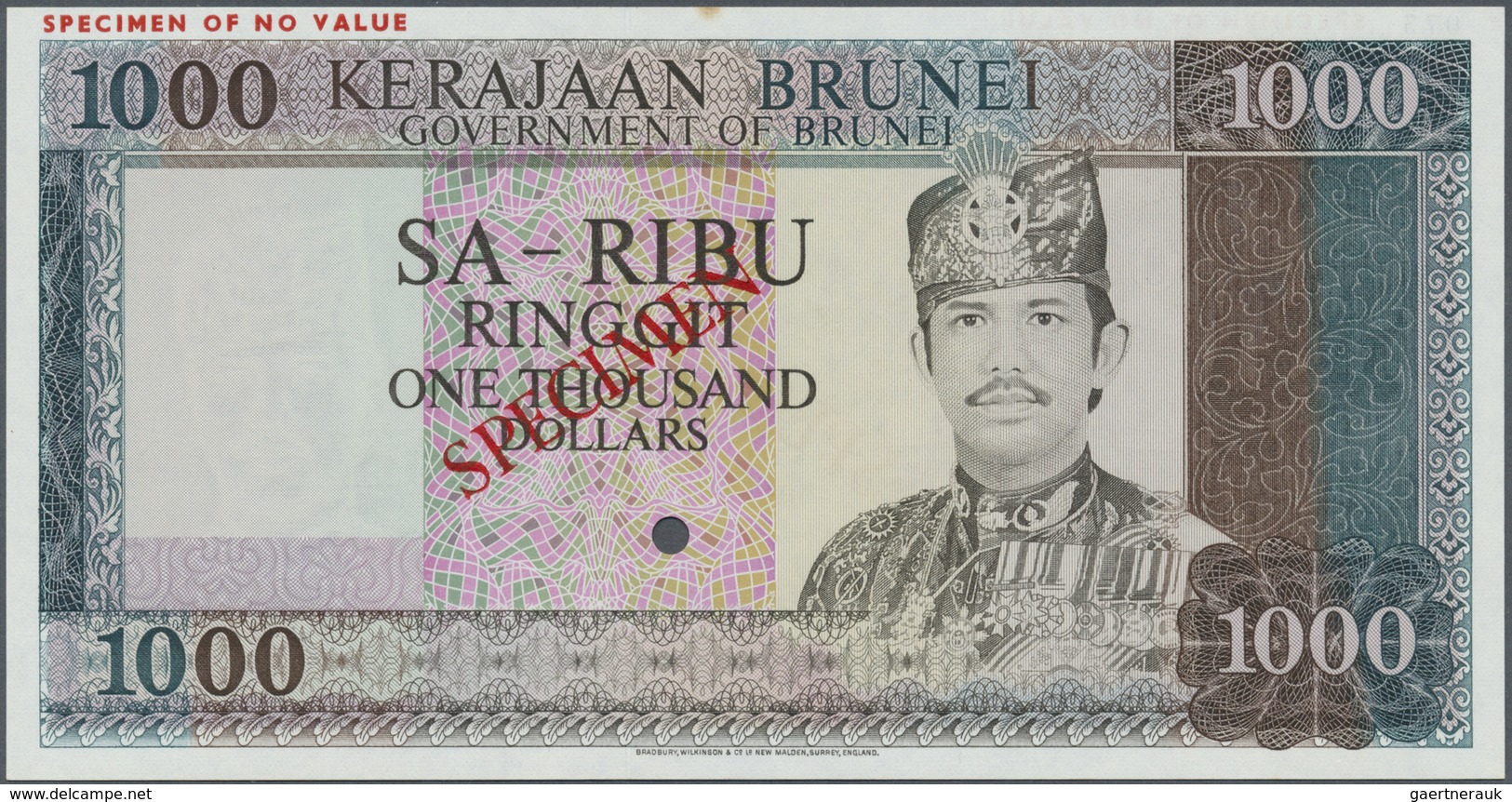 Brunei: 1000 Ringgit ND P. 12s W/o Serial Numbers, With Specimen Overprint And Cancellation Hole, Cr - Brunei