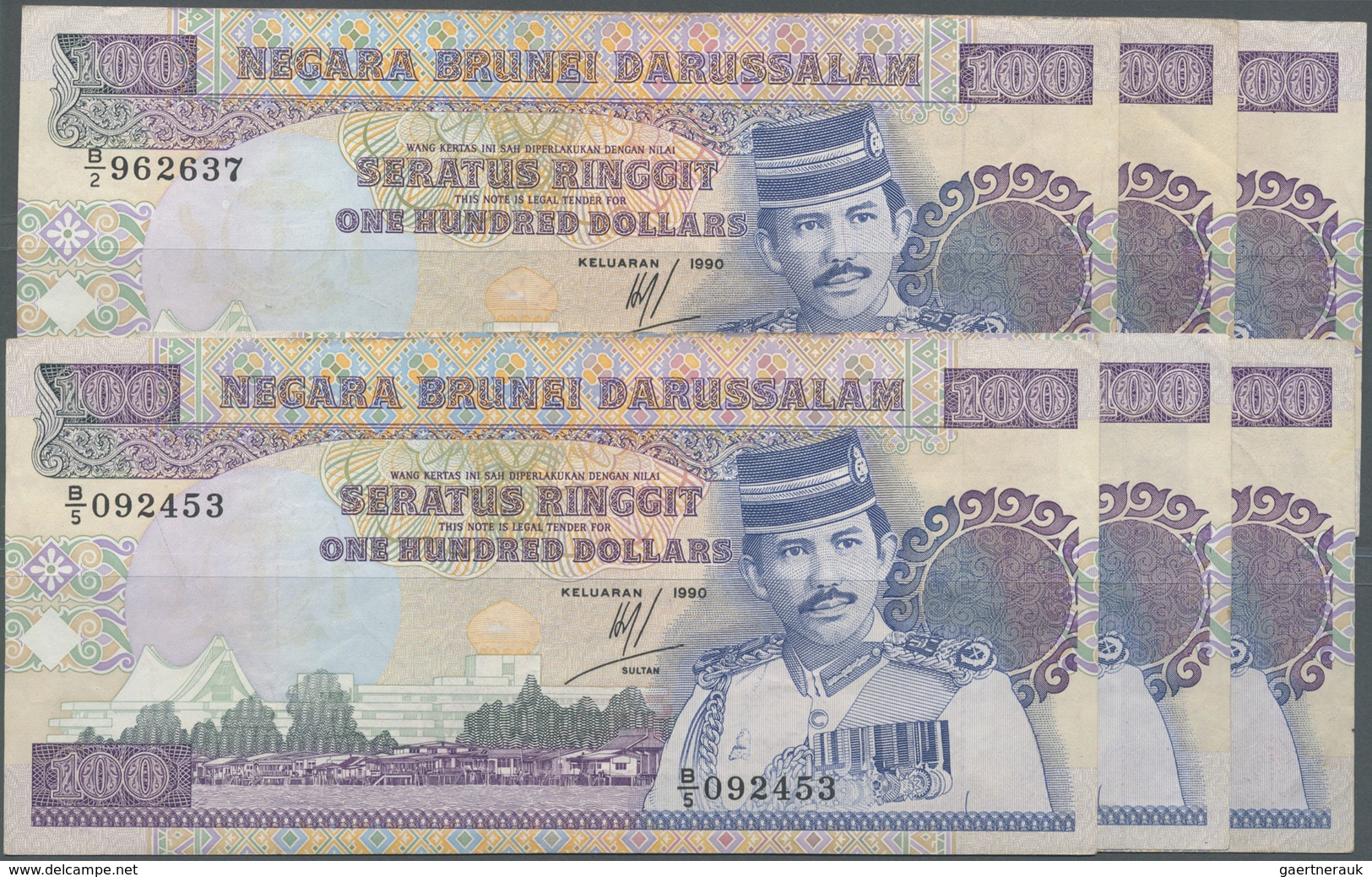 Brunei: Set Of 6 Pcs 100 Ringgit 1990 P. 17, All In Similar Condition, Used With Folds And Creases B - Brunei