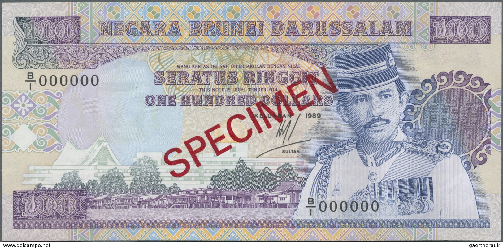 Brunei: 100 Ringgit 1989 Specimen P. 17s, Light Dint At Upper Border, Condition: AUNC. - Brunei