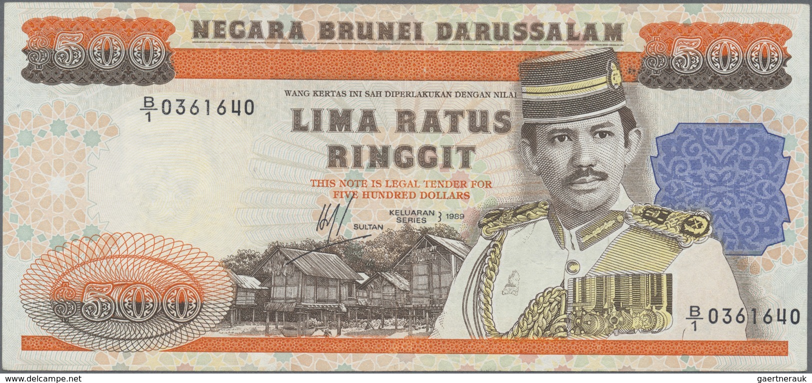 Brunei: 500 Ringgit 1989, P.18, Rare Note In Very Nice VF Condition With A Few Soft Folds And Minor - Brunei