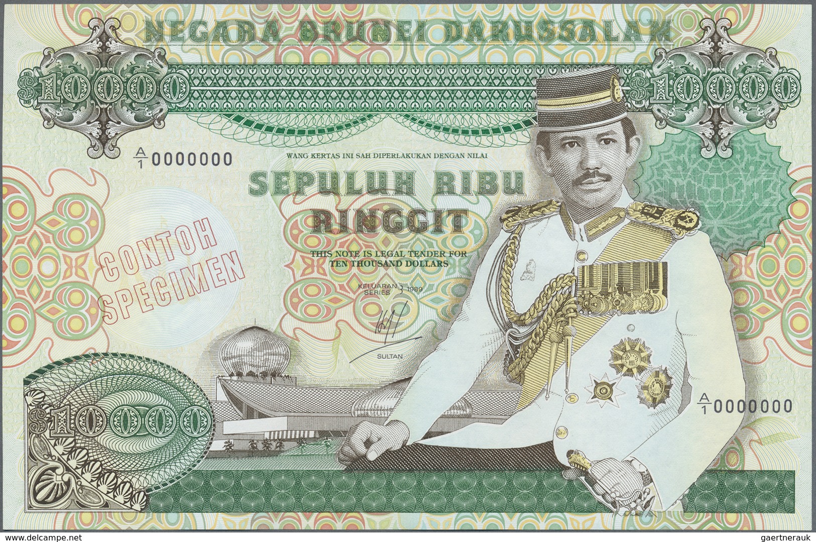 Brunei: Rare Note 10.000 Ringgit 1989 SPECIMEN P. 20s With Only A Very Very Light Center Bend In Con - Brunei