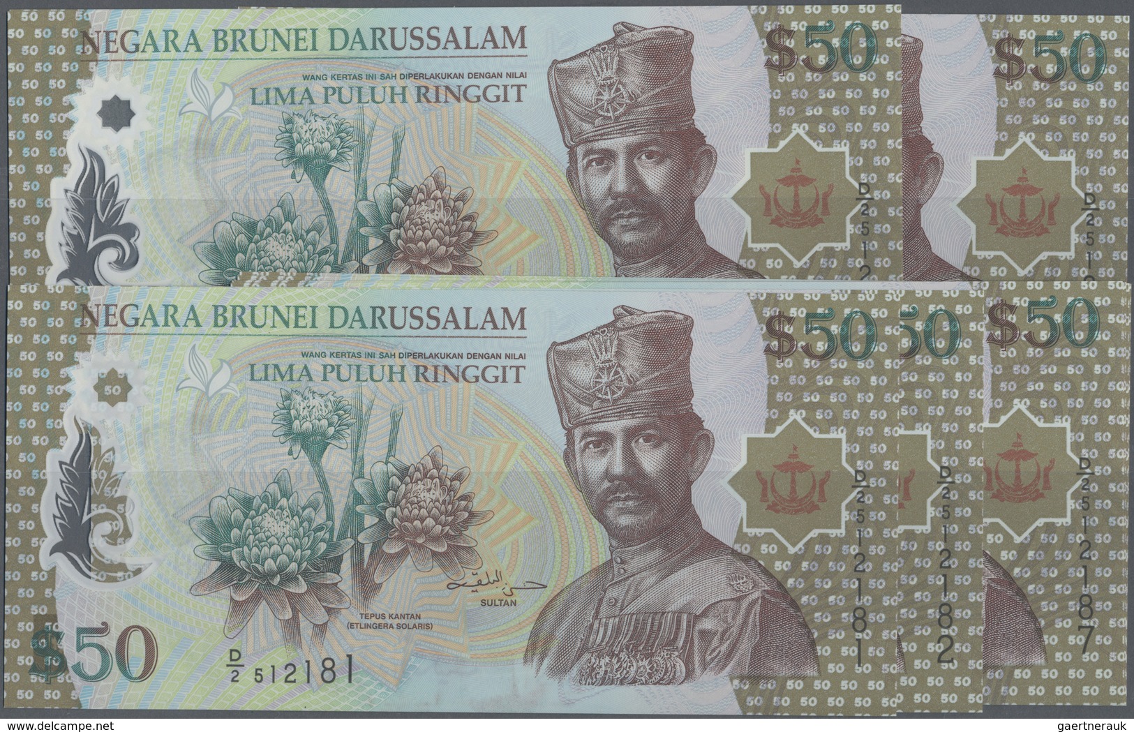 Brunei: Set With 10 Pcs. 50 Ringgit 2004, P.28, Some With Running Numbers In UNC (10 Pcs.) - Brunei