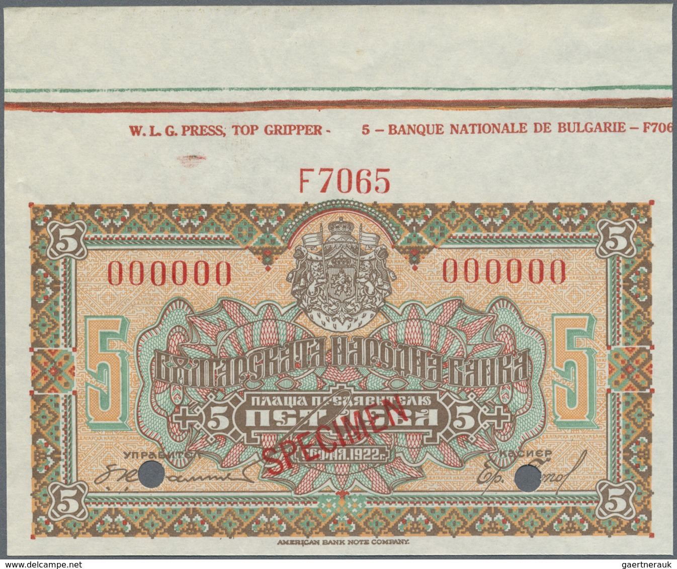 Bulgaria / Bulgarien: 5 Leva 1922 SPECIMEN, P.34s With Border Piece From The Paper Sheet Without Fol - Bulgaria