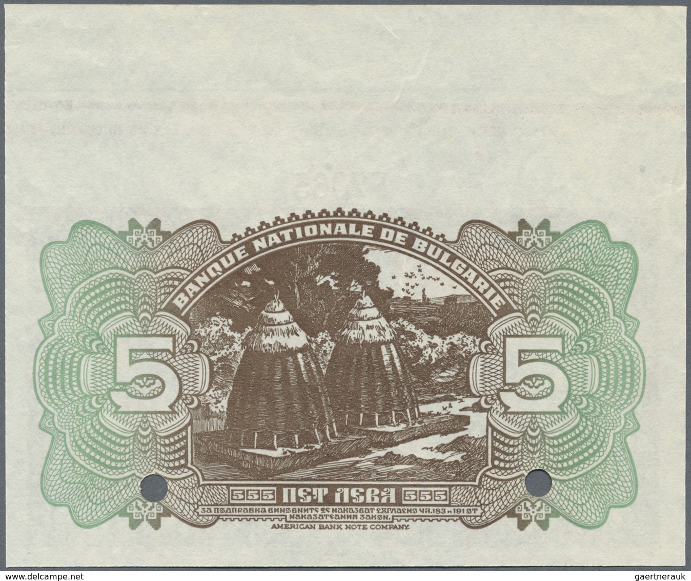 Bulgaria / Bulgarien: 5 Leva 1922 SPECIMEN, P.34s With Border Piece From The Paper Sheet Without Fol - Bulgaria