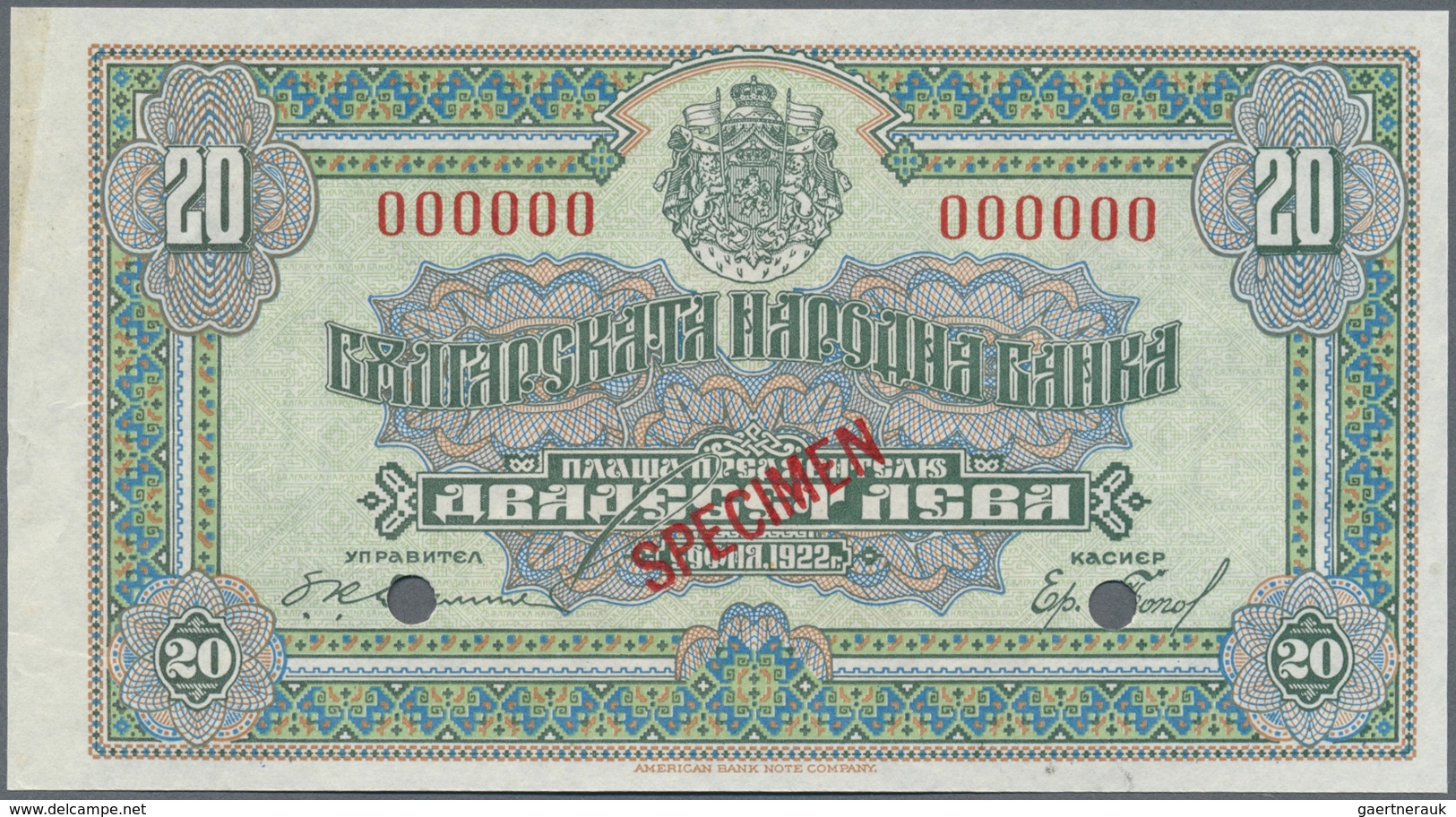 Bulgaria / Bulgarien: 20 Leva 1922 SPECIMEN, P.36s With A Tiny Dint And Small Spots At Upper Left Co - Bulgaria
