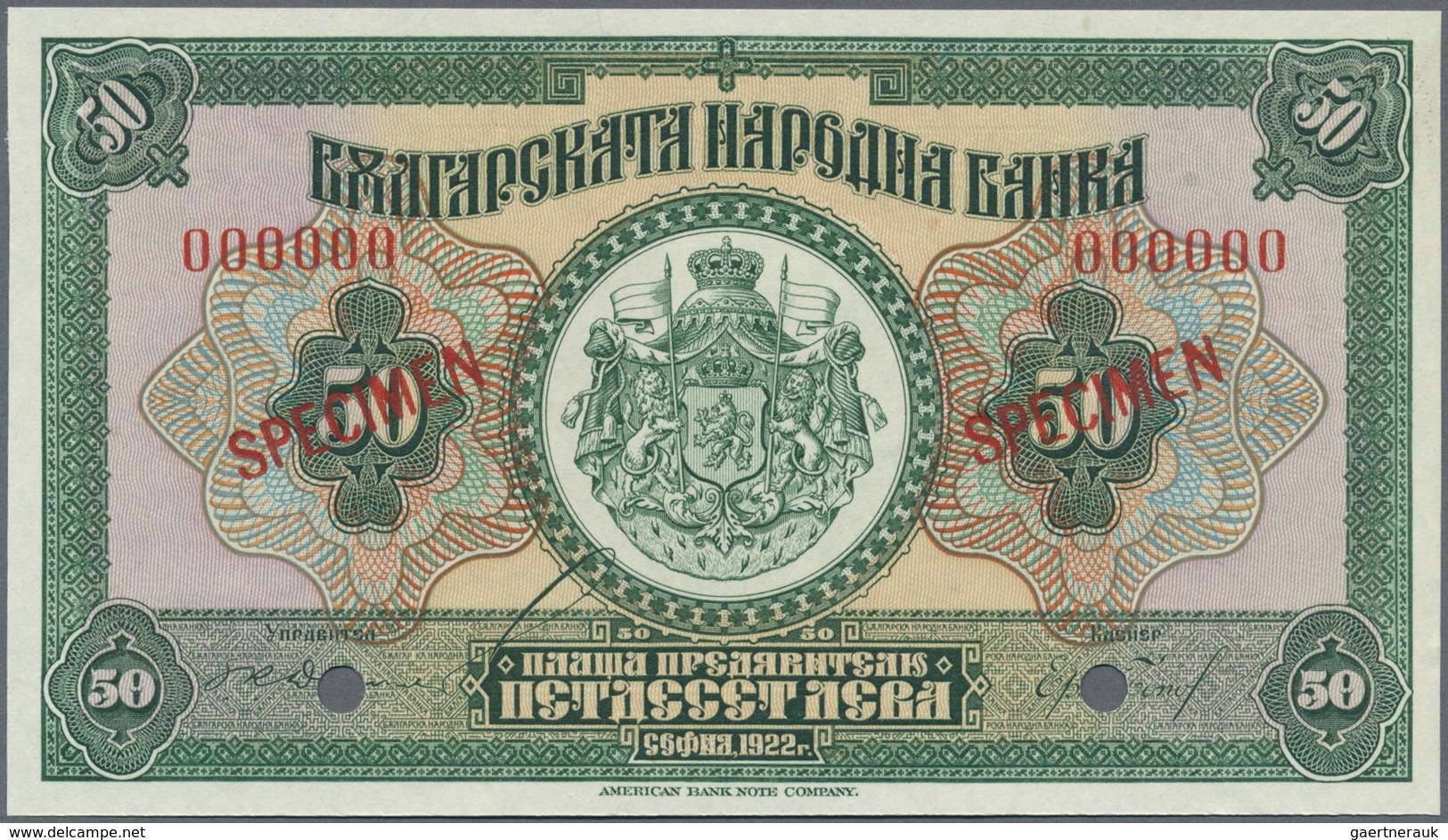 Bulgaria / Bulgarien: 50 Leva 1922 SPECIMEN, P.37s, Almost Perfect Condition With A Few Tiny And Min - Bulgaria