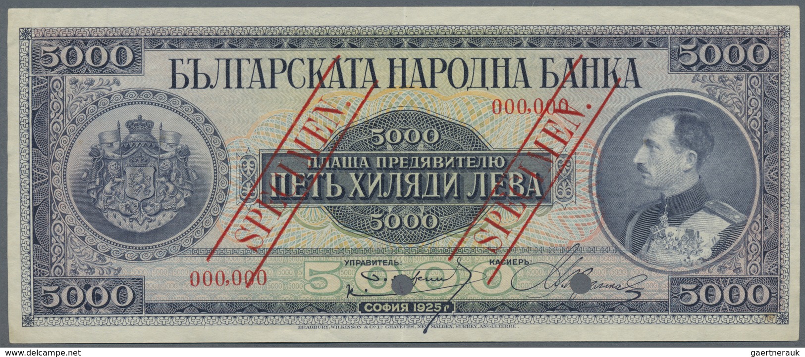 Bulgaria / Bulgarien: 5000 Leva 1925 Specimen P. 49s, Rare Note With Red Specimen Overprint On Front - Bulgaria