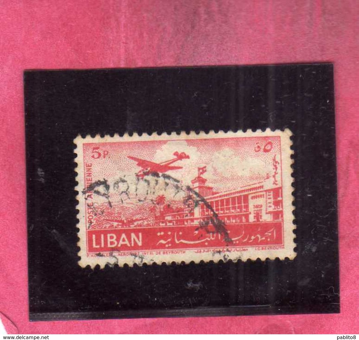 LIBANO LEBANON LIBAN 1952 AIR MAIL POSTA AEREA AERIENNE BEIRUT Khalde International Airport 5p USATO USED OBLITERE' - Libano