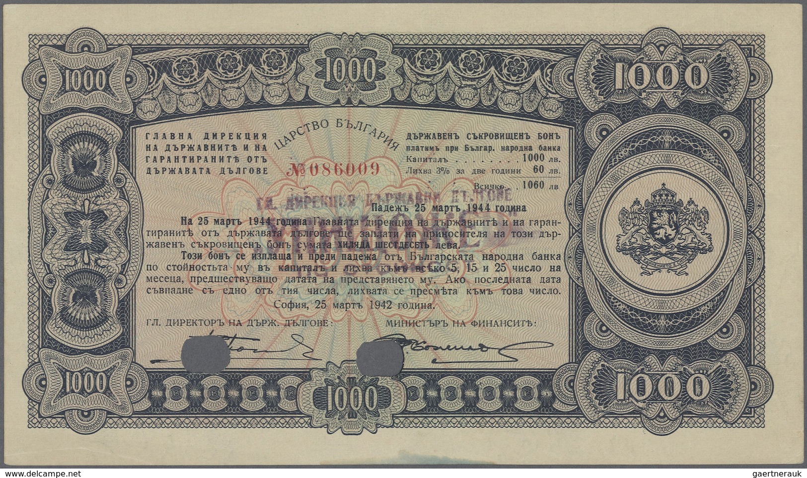 Bulgaria / Bulgarien: 1000 Leva 1942 P. 67B, Rare Note, 2 Cancellation Holes, Stamped In Center, Lig - Bulgaria