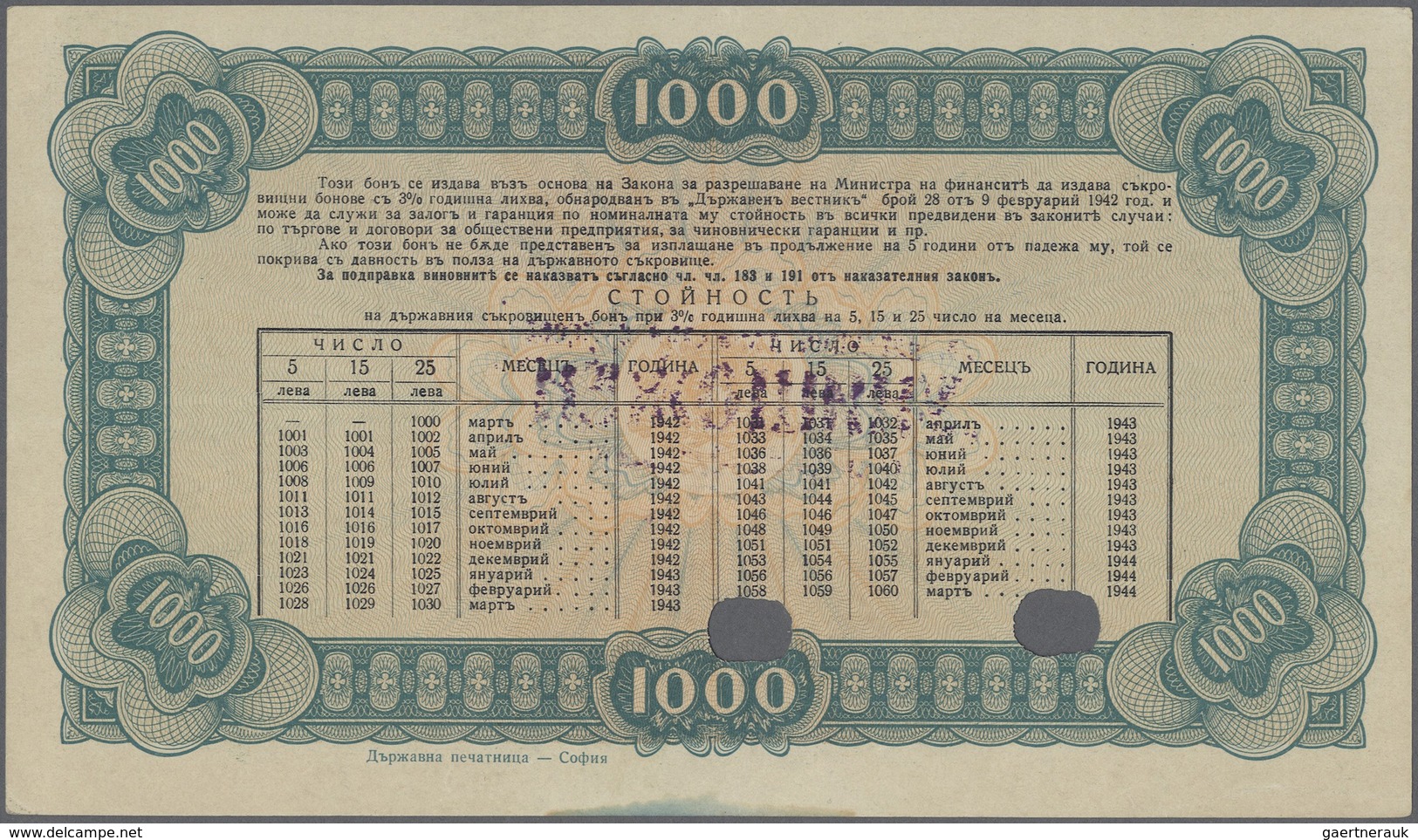 Bulgaria / Bulgarien: 1000 Leva 1942 P. 67B, Rare Note, 2 Cancellation Holes, Stamped In Center, Lig - Bulgaria