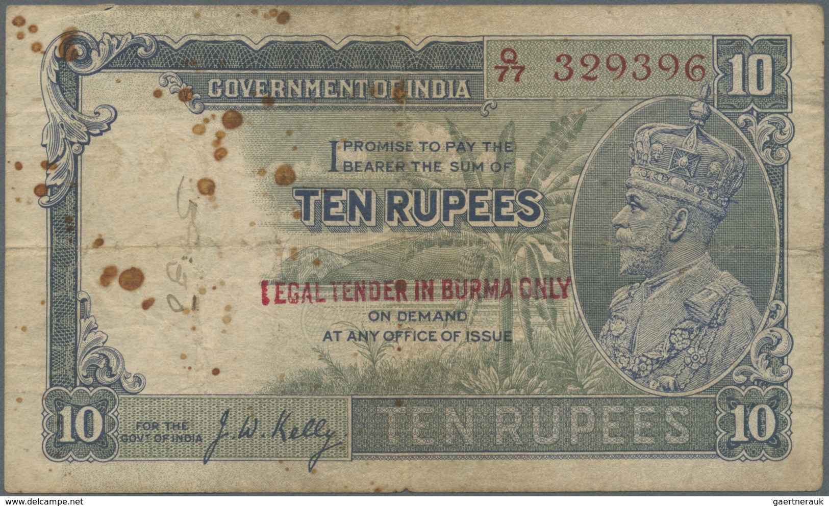 Burma / Myanmar / Birma: Rare Note Of 10 Rupees ND KGV P. 2a With Red Overprint In Center "Legal Ten - Myanmar