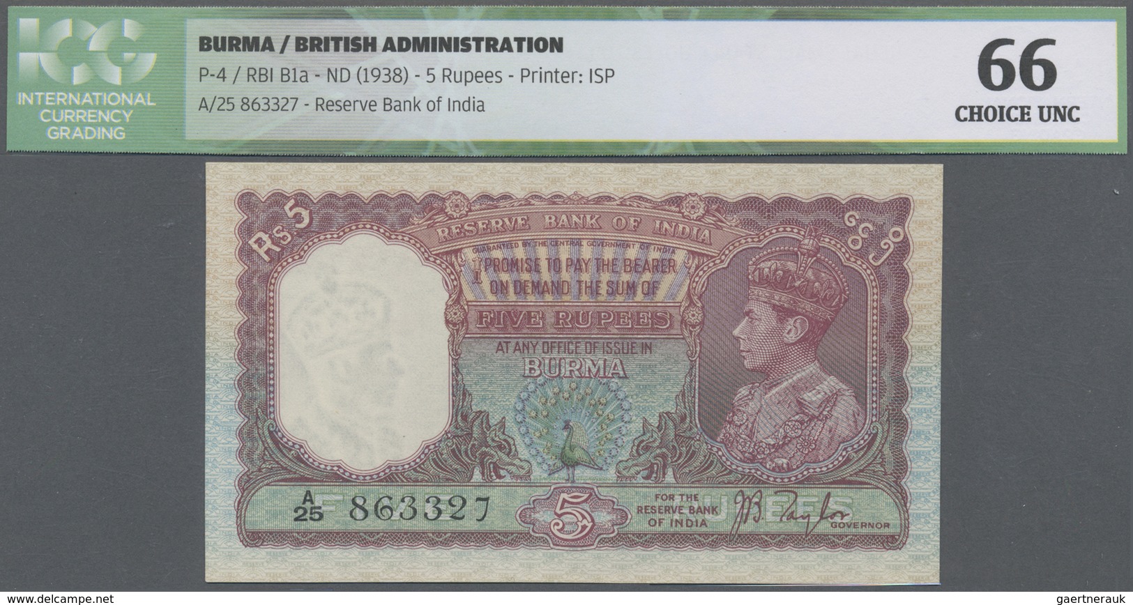 Burma / Myanmar / Birma: 5 Rupees ND(1938) Portrait KGV P. 4, Condition: ICG Graded: 66 Choice UNC. - Myanmar