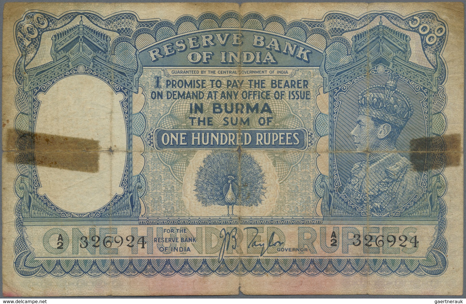 Burma / Myanmar / Birma: Rare Note 100 Rupees ND KGVI Portrait P. 6, Stronger Used With Very Strong - Myanmar