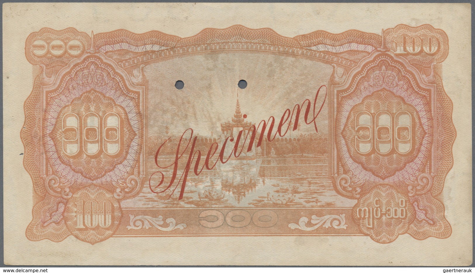 Burma / Myanmar / Birma: 100 Kyats ND Specimen P. 21s, 2 Cancellation Holes, 2 Pinholes, In Conditio - Myanmar