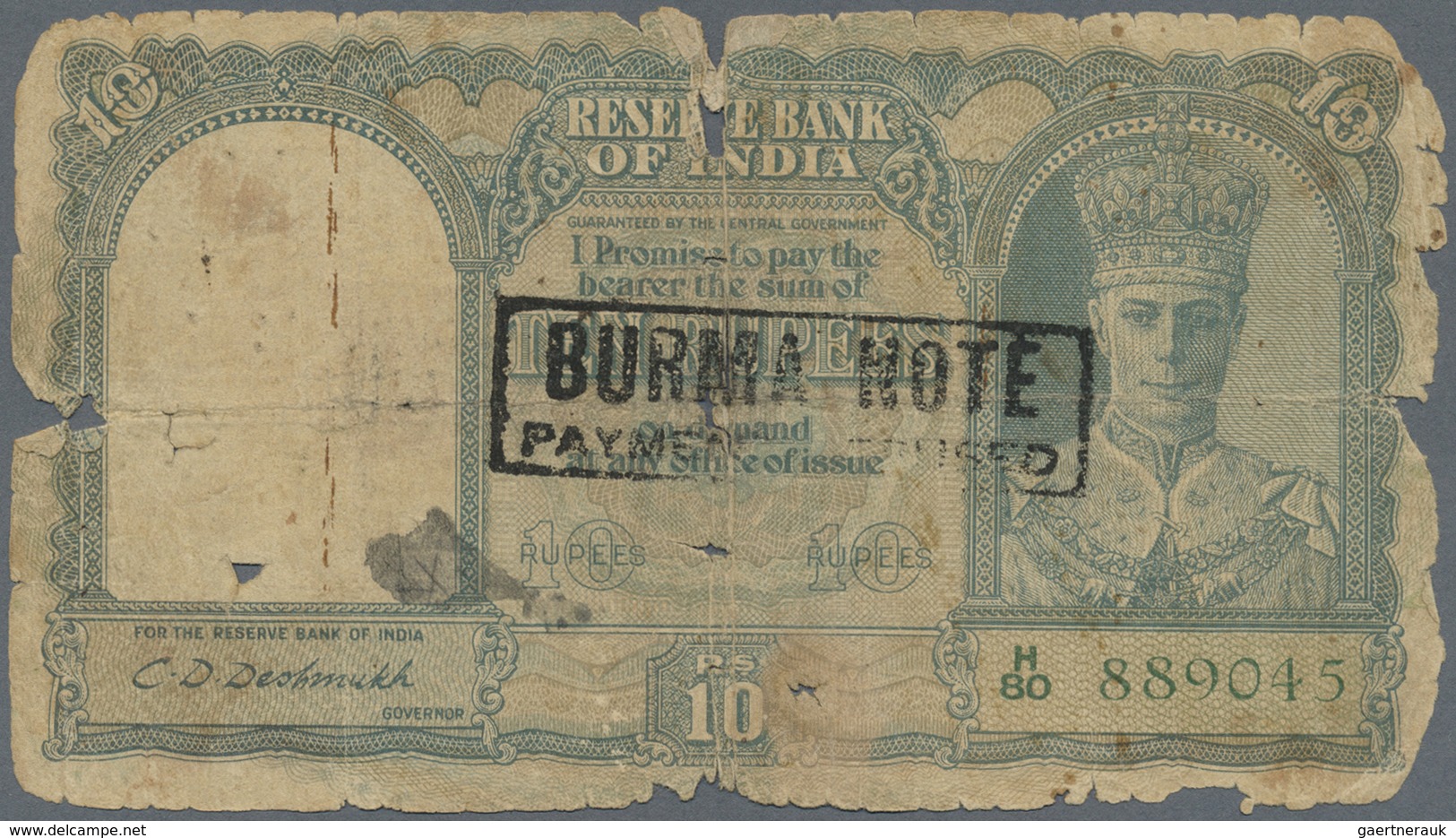 Burma / Myanmar / Birma: Rare Note Of 10 Rupees ND KGVI Portrait P. 32 With Seldom Seen Stamp "BURMA - Myanmar