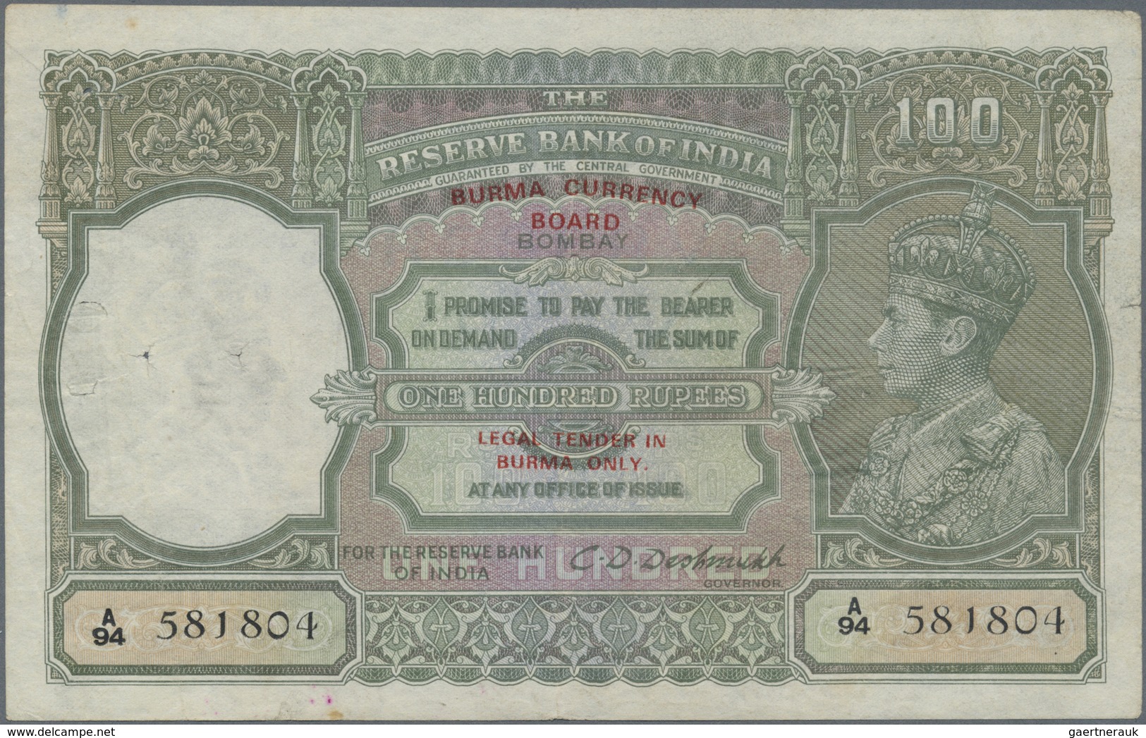 Burma / Myanmar / Birma: 100 Rupees ND KGVI Portrait P. 33, Used With Light Folds In Paper, Usual Pi - Myanmar