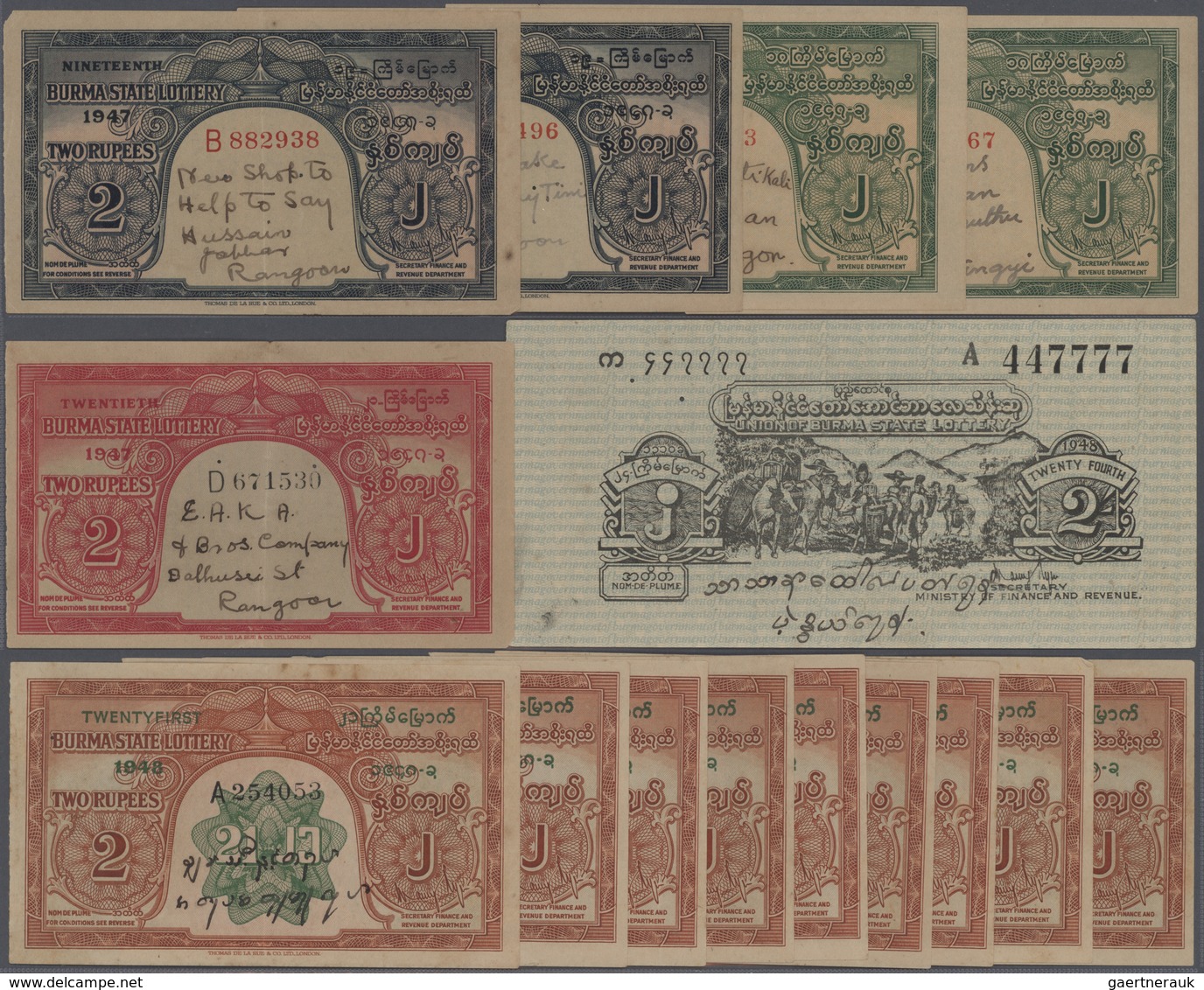 Burma / Myanmar / Birma: Set Of 15 Burma State Lottery Tickets, Printed Intaglio, Similar To Real Ba - Myanmar