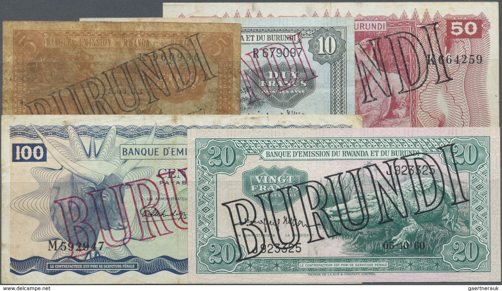 Burundi: Seldom Seen Nice Set Of 5 Notes Containing All Values From 5 To 100 Francs 1960, All With B - Burundi