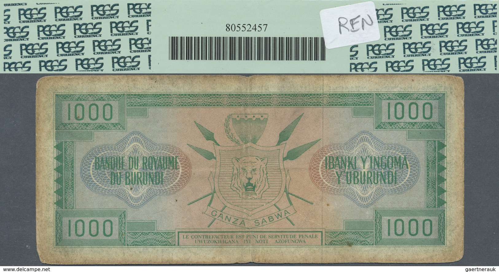 Burundi: 1000 Francs 1965 P. 14, PCGS Graded FINE 12. - Burundi