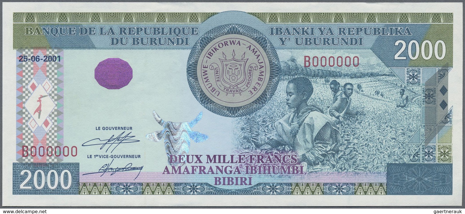 Burundi: 2000 Francs 2001 Specimen P. 41s, 3 Light Bends In Paper, Condition: XF. - Burundi