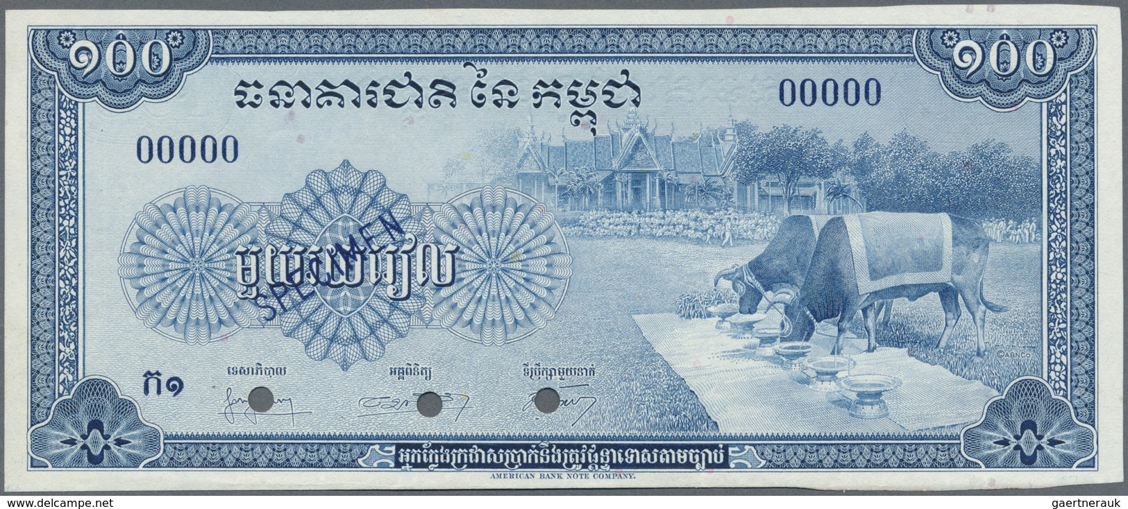 Cambodia / Kambodscha: 100 Rials ND(1956-72) Specimen P. 13s, A Bit Miscut At Lower Border, Conditio - Cambodia