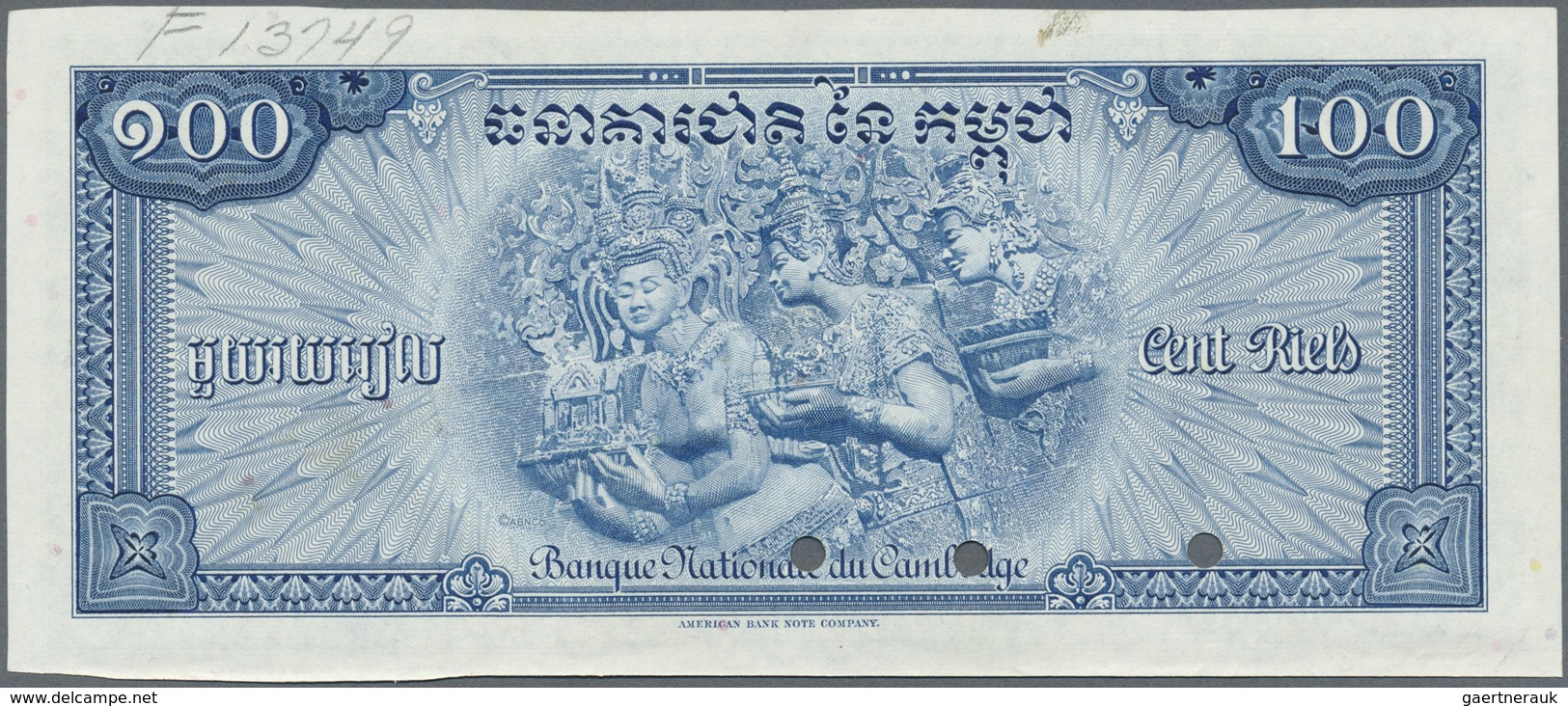 Cambodia / Kambodscha: 100 Rials ND(1956-72) Specimen P. 13s, A Bit Miscut At Lower Border, Conditio - Cambodia