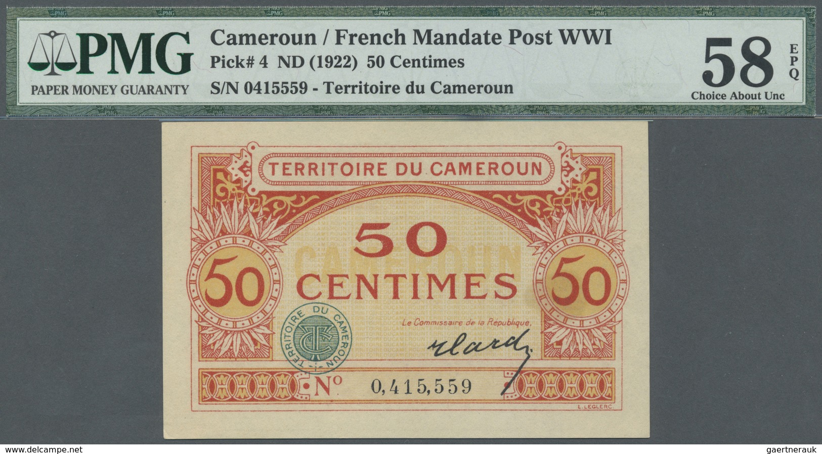 Cameroon / Kamerun: 50 Centimes ND(1922) P. 4, Rare Note Especially In This Condition: PMG Graded 58 - Cameroon