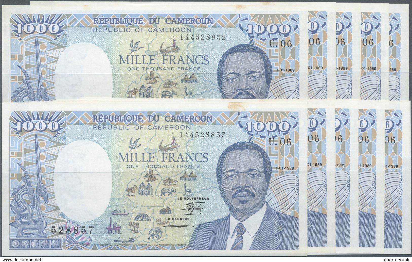 Cameroon / Kamerun: Set Of 10 Pcs 1000 France 1989 P. 26, Mostly CONSECUTIVE Numbers From #528852-#5 - Cameroon