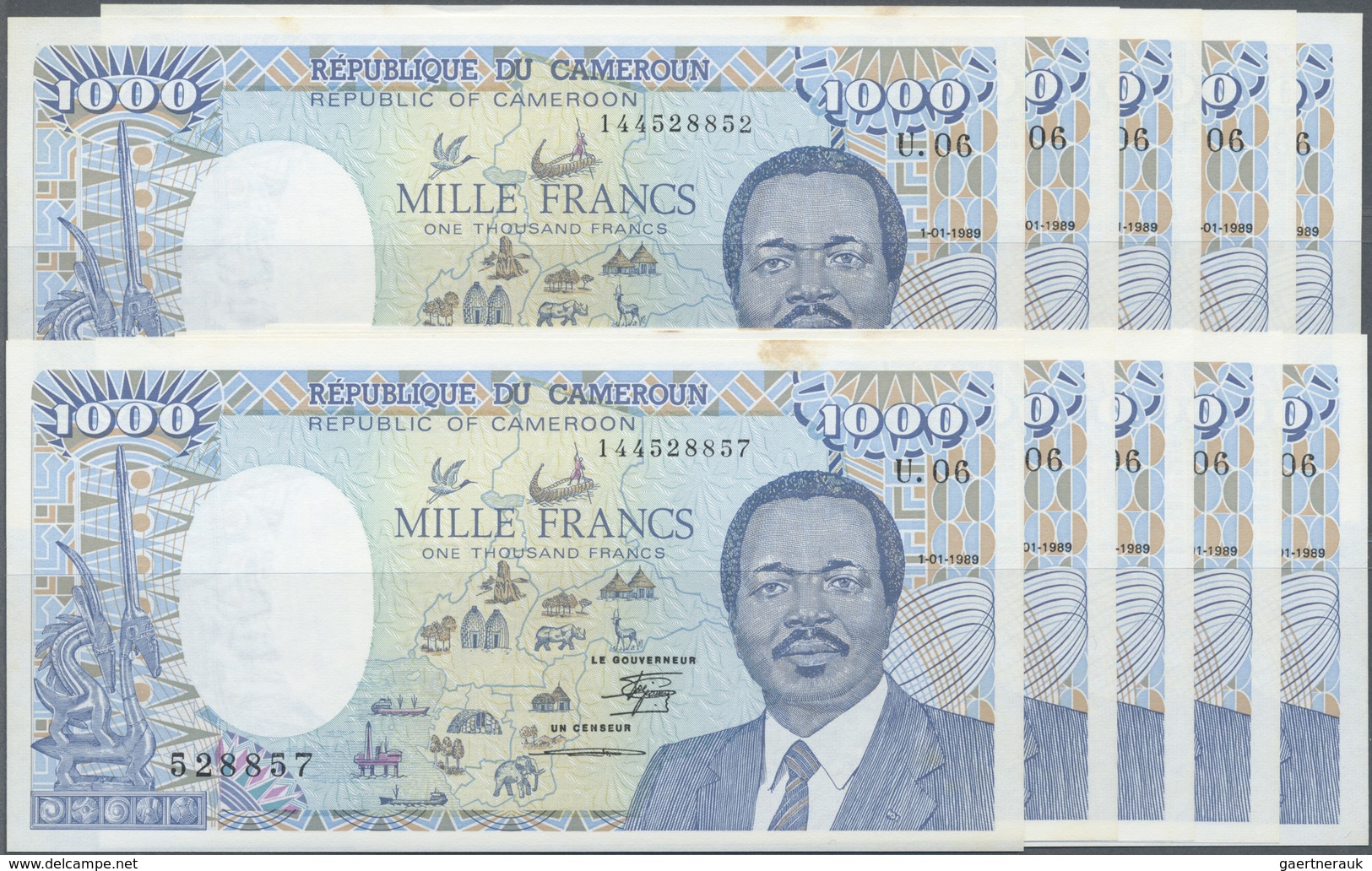 Cameroon / Kamerun: Set Of 10 Pcs 1000 France 1989 P. 26, Mostly CONSECUTIVE Numbers From #528852-#5 - Camerun