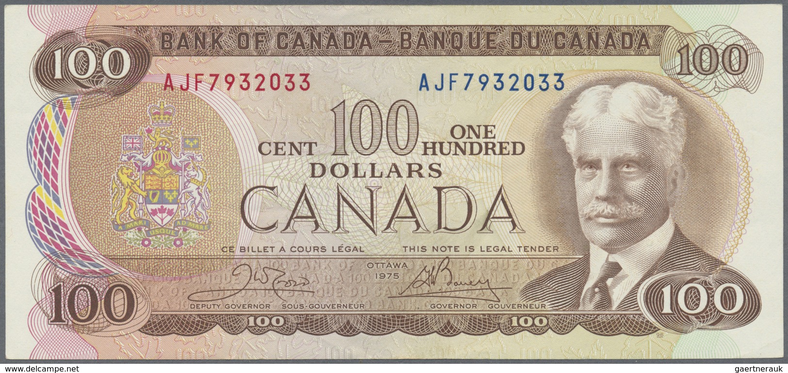 Canada: 100 Dollars 1975 With Signatures: Crow & Bouey, P.91b In UNC - Canada