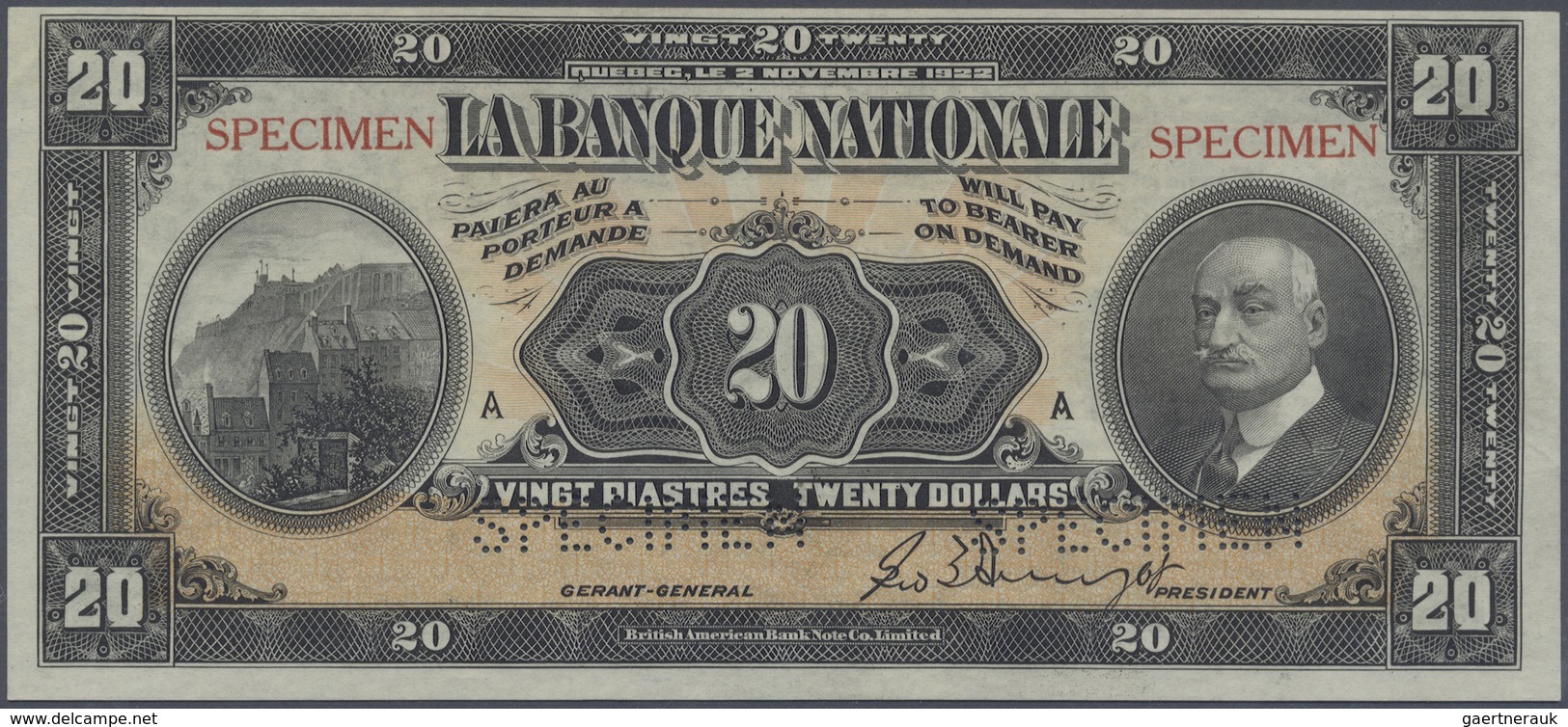 Canada: 20 Dollars / 20 Piastres 1922 Specimen P. S873s Issued By "La Banque Nationale" With Two "Sp - Canada