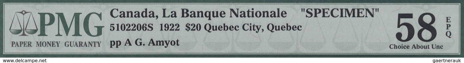 Canada: 20 Dollars / 20 Piastres 1922 Specimen P. S873s Issued By "La Banque Nationale" With Two "Sp - Canada