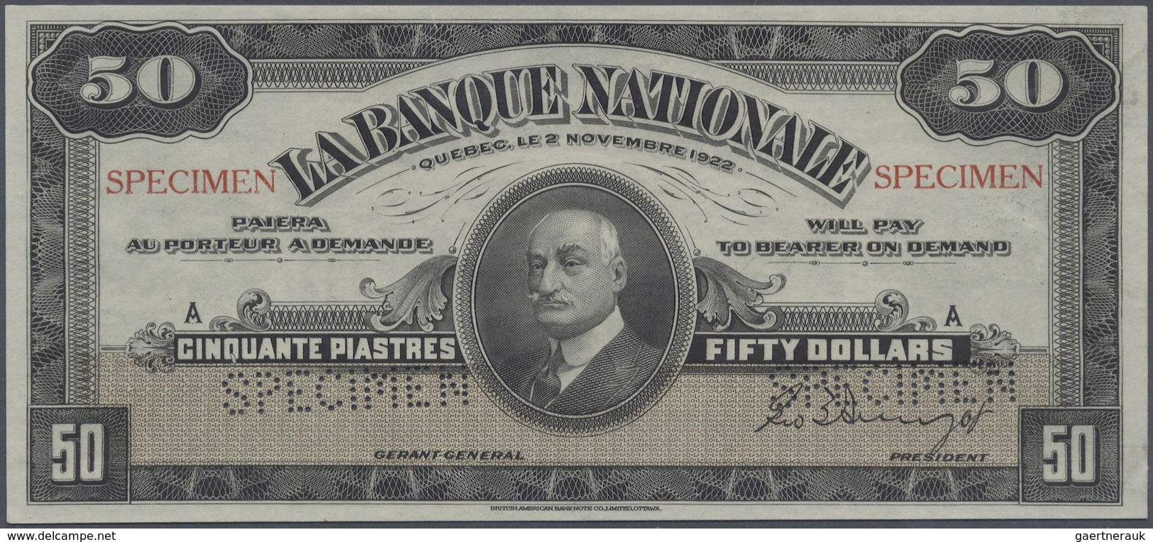 Canada: 50 Dollars / 50 Piastres 1922 Specimen P. S874s Issued By "La Banque Nationale" With Two "Sp - Canada