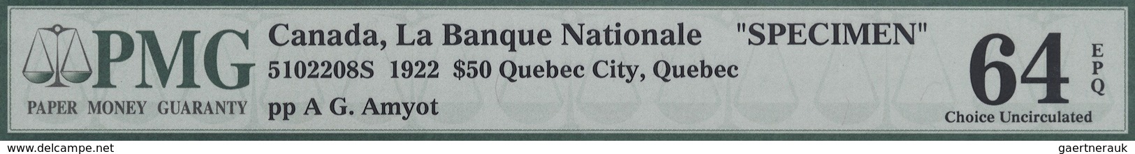 Canada: 50 Dollars / 50 Piastres 1922 Specimen P. S874s Issued By "La Banque Nationale" With Two "Sp - Canada