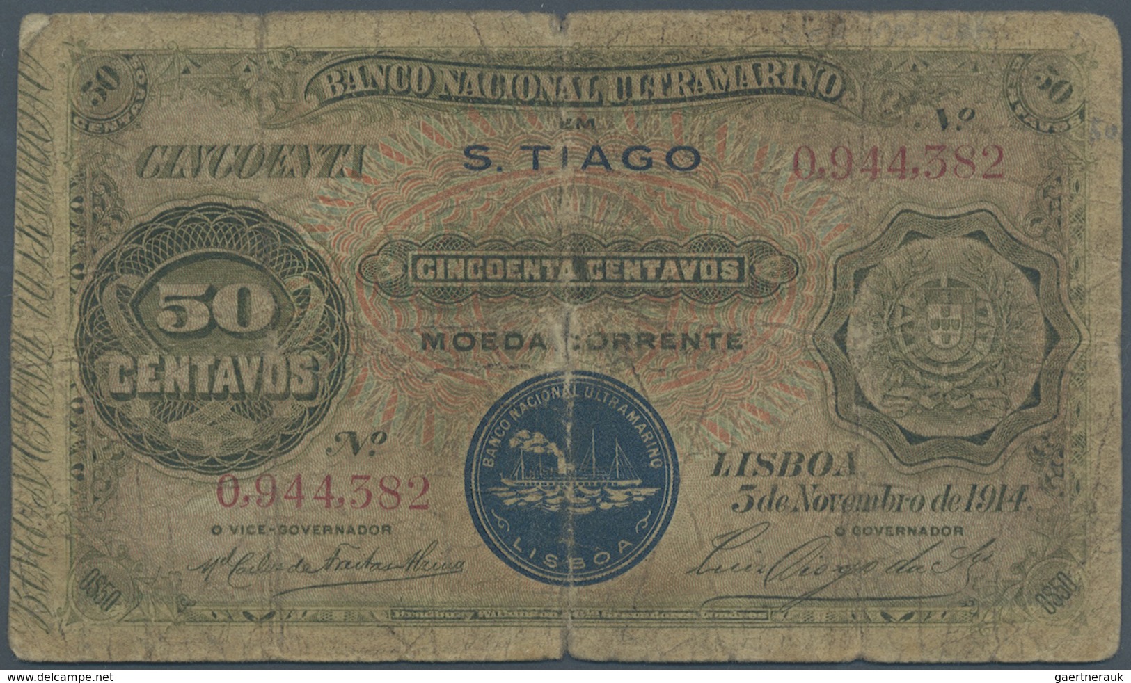 Cape Verde / Kap Verde: 50 Centavos 1914 With Ovpt. S.TIAGO And Seal Type II At Lower Center, P.16 I - Cape Verde