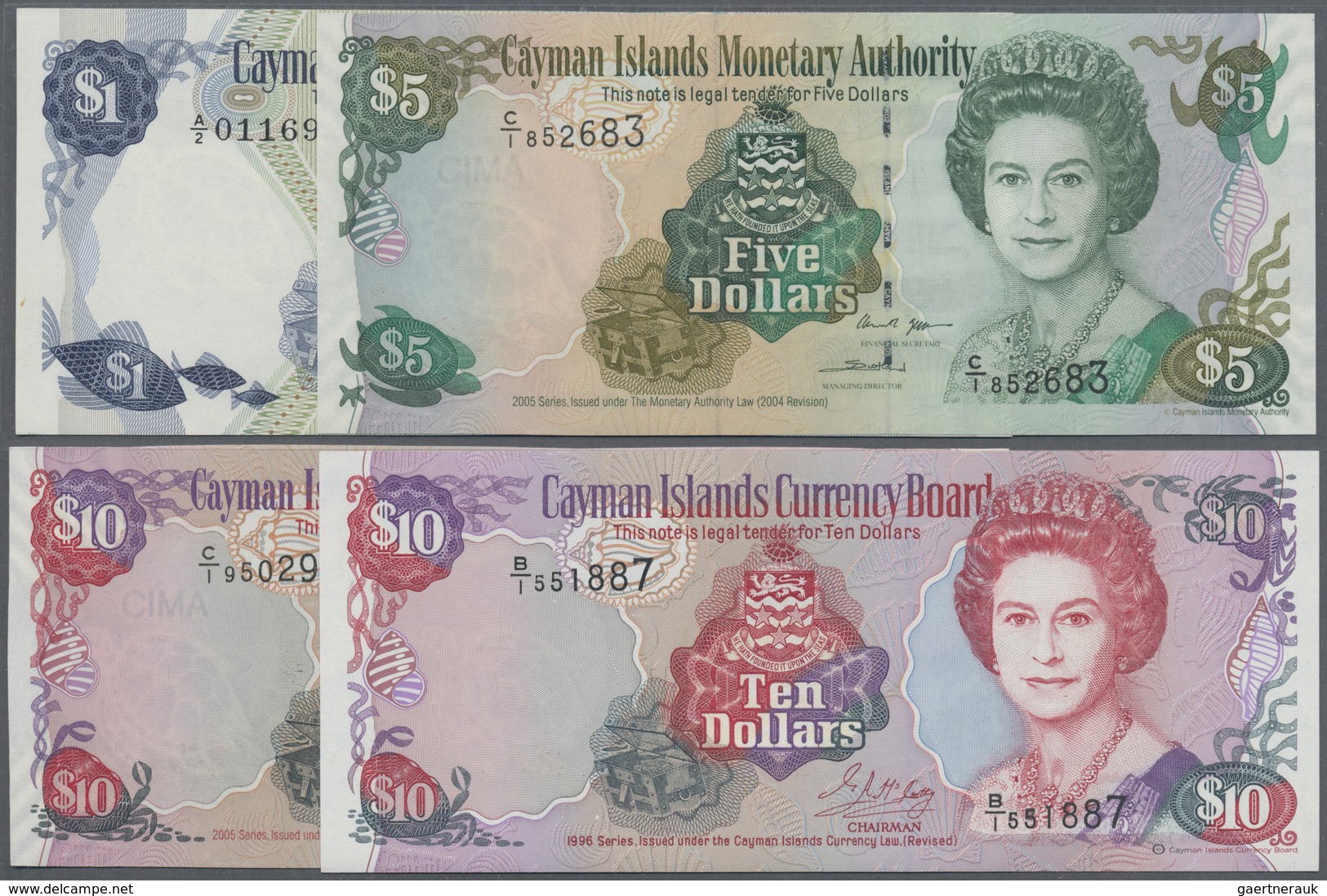 Cayman Islands: Set With 6 Banknotes Comprising 1 Dollar L.1971 P.1, 5 Dollars 2005 P.34, 10 Dollars - Cayman Islands