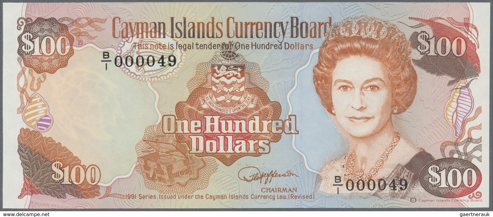 Cayman Islands: Set with 4 Banknotes 1991 series with Matching Low Serial number $5, $10, $25, $100,