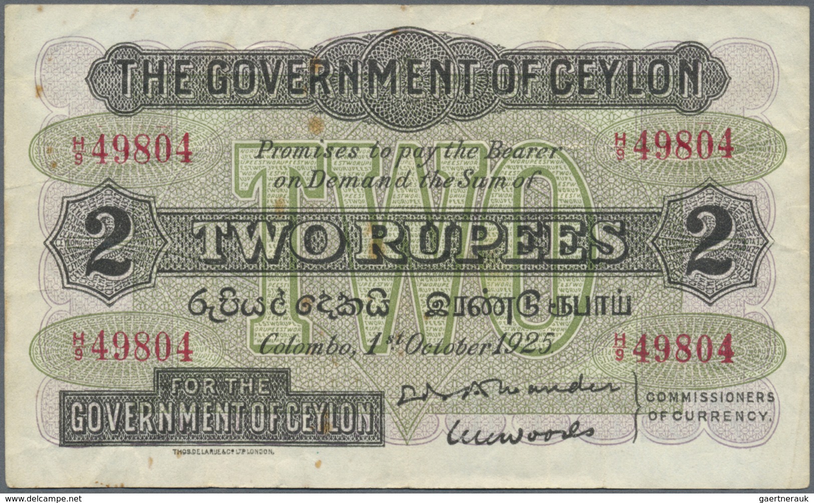 Ceylon: 2 Rupees October 1st 1925, P.21astill Crisp Paper With Several Folds And Tiny Rusty Spots. C - Sri Lanka