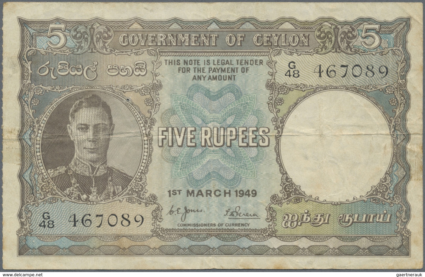 Ceylon: 5 Rupees March 1st 1949 With Text At Upper Margin "THIS NOTE IS LEGAL TENDER ... ", P.36a Wi - Sri Lanka