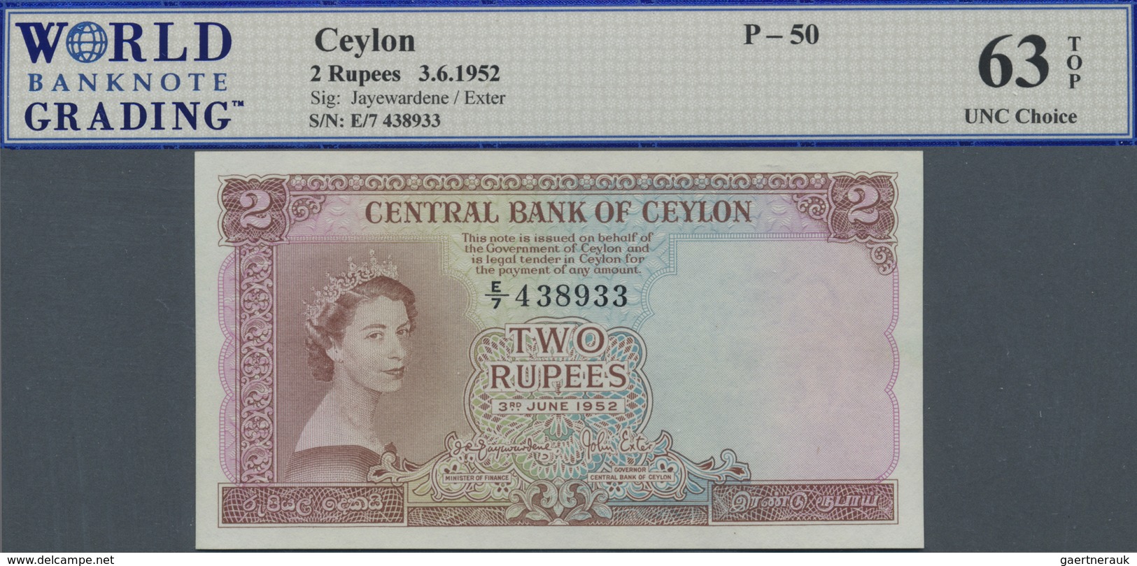 Ceylon: 2 Rupees 1952 P. 50, WBG Graded 63 Choice UNC TOP. - Sri Lanka
