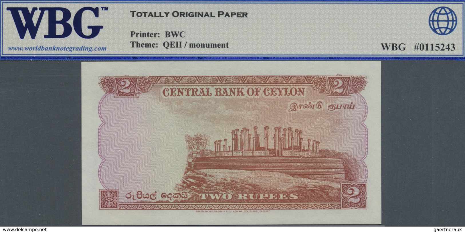 Ceylon: 2 Rupees 1952 P. 50, WBG Graded 63 Choice UNC TOP. - Sri Lanka