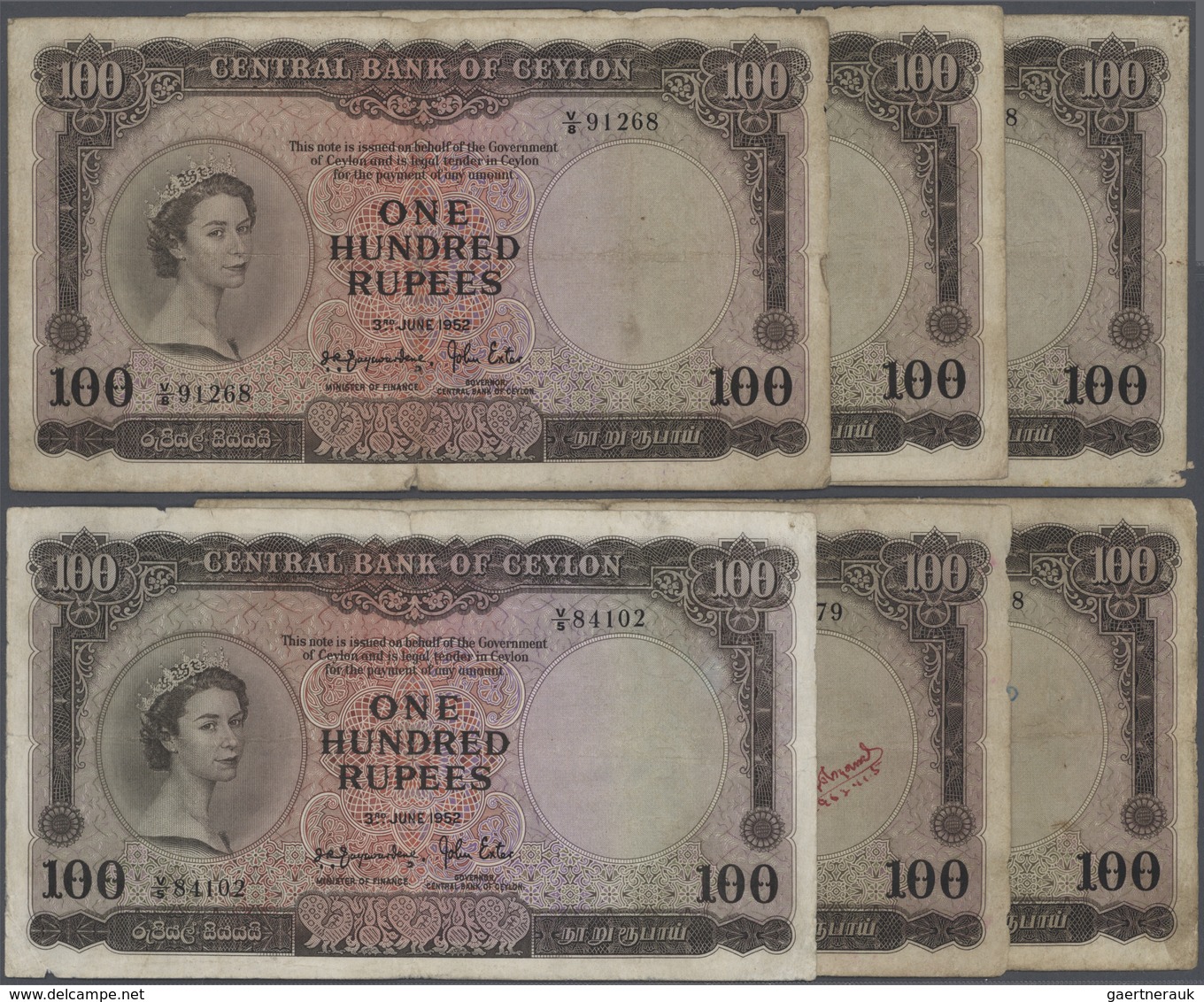 Ceylon: Lot Of 6 Pcs 100 Rupees 1952 P. 53, Rare Date And A More And More Rarely Seen Note On The Ma - Sri Lanka