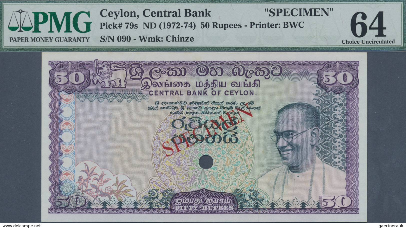 Ceylon: 50 Rupees ND P. 79s, Condition: PMG Graded 64 Choice UNC. - Sri Lanka