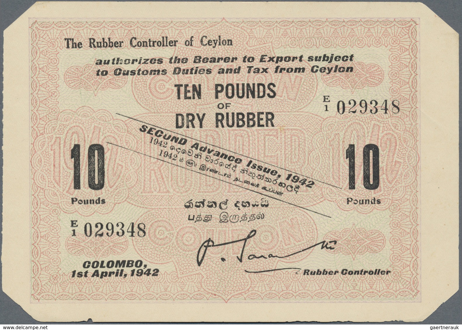 Ceylon: Set Of 2 Coupons, One Of 10 Pounds Dry Rubber 1942 And One Of 5 Pounds 1941 Tea, Both Unfold - Sri Lanka